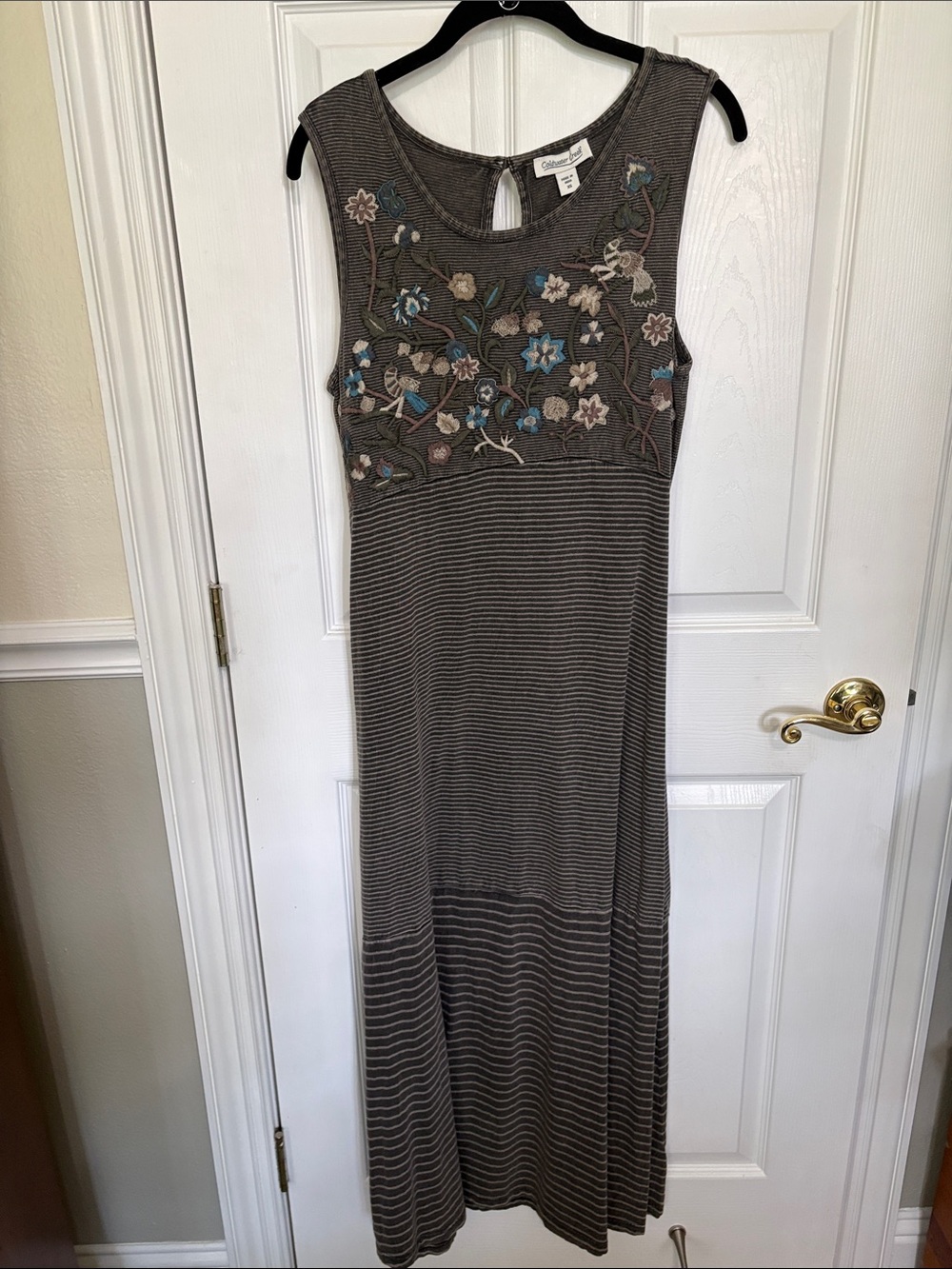 Coldwater Creek Floral Embroidered Striped Sleeveless Maxi Dress BOHO Beach
